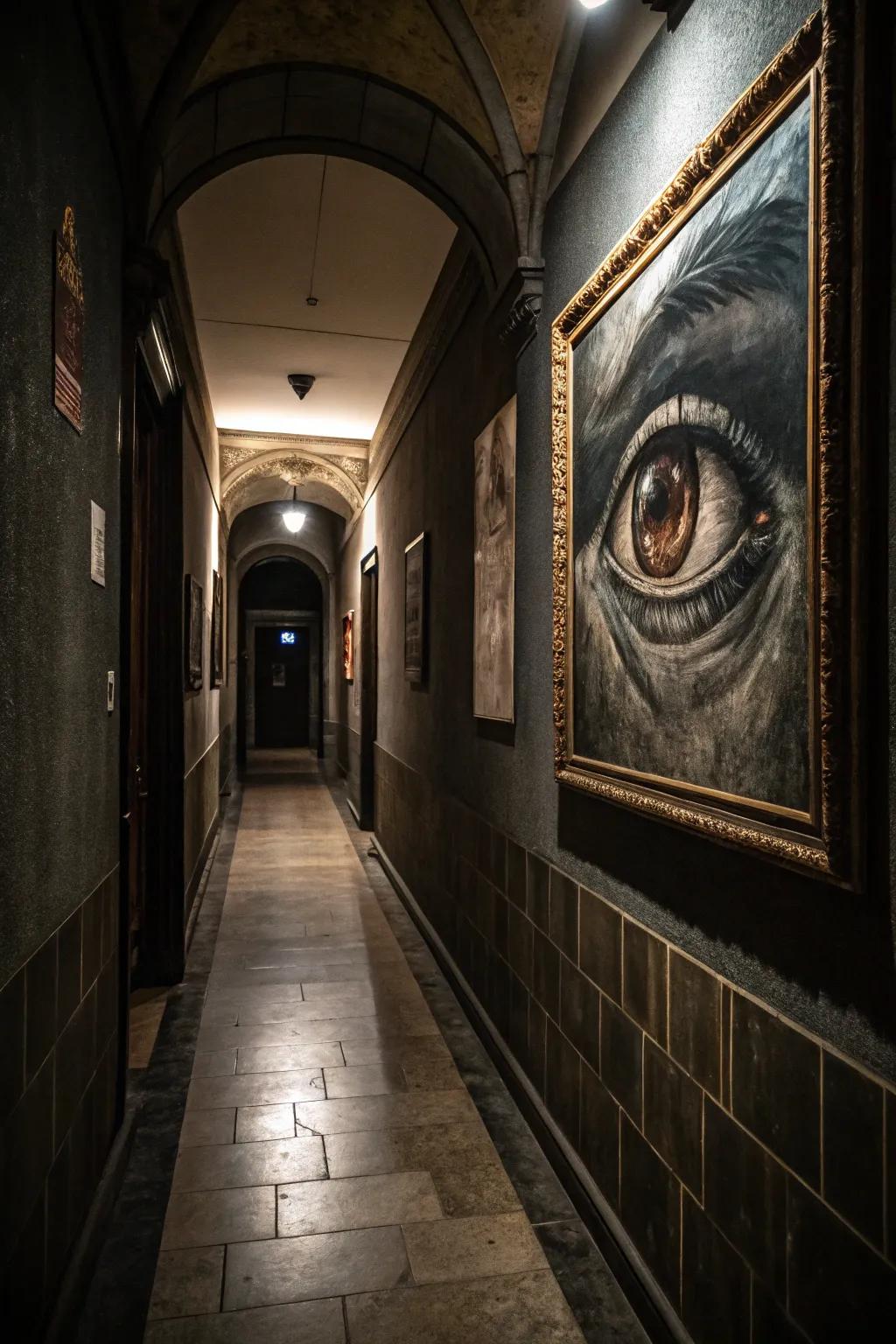 A dramatic dark eye mural introducing mystery and allure to the entrance area.