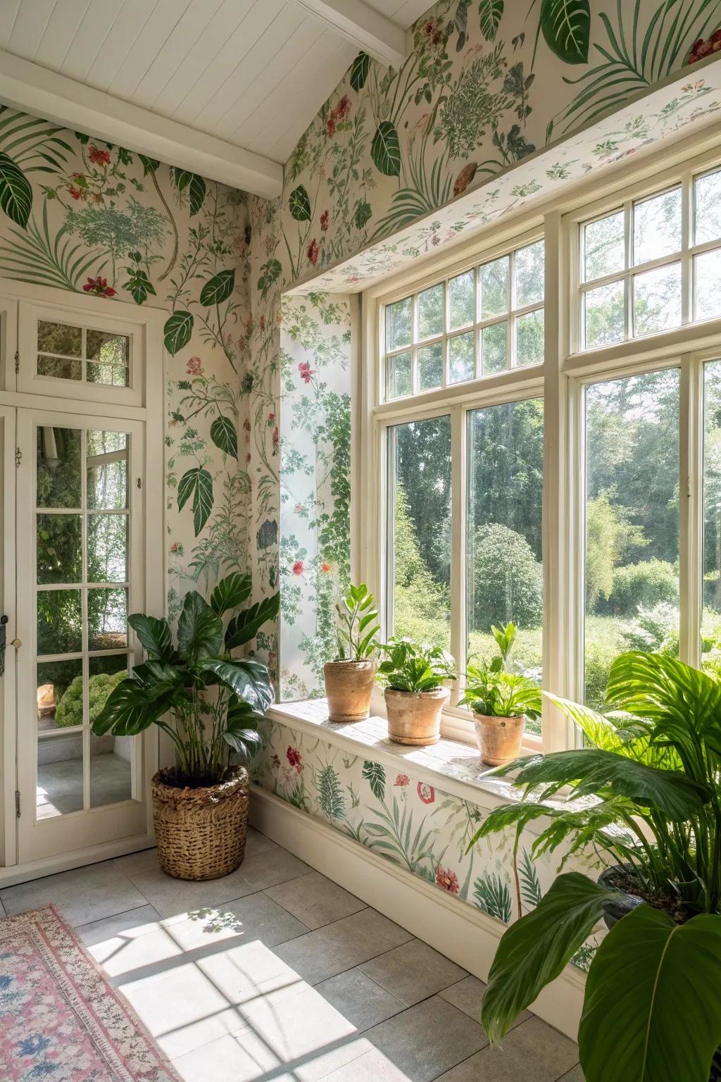 Floral and fauna fusion in fabric wallpaper brings the garden indoors.