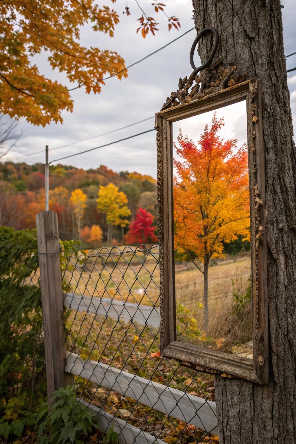 A vintage mirror reflects the beauty of fall foliage on the fence.