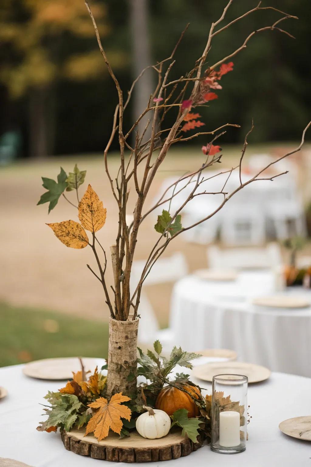 Minimalist elegance with natural elements like branches and leaves for a fall wedding centerpiece.