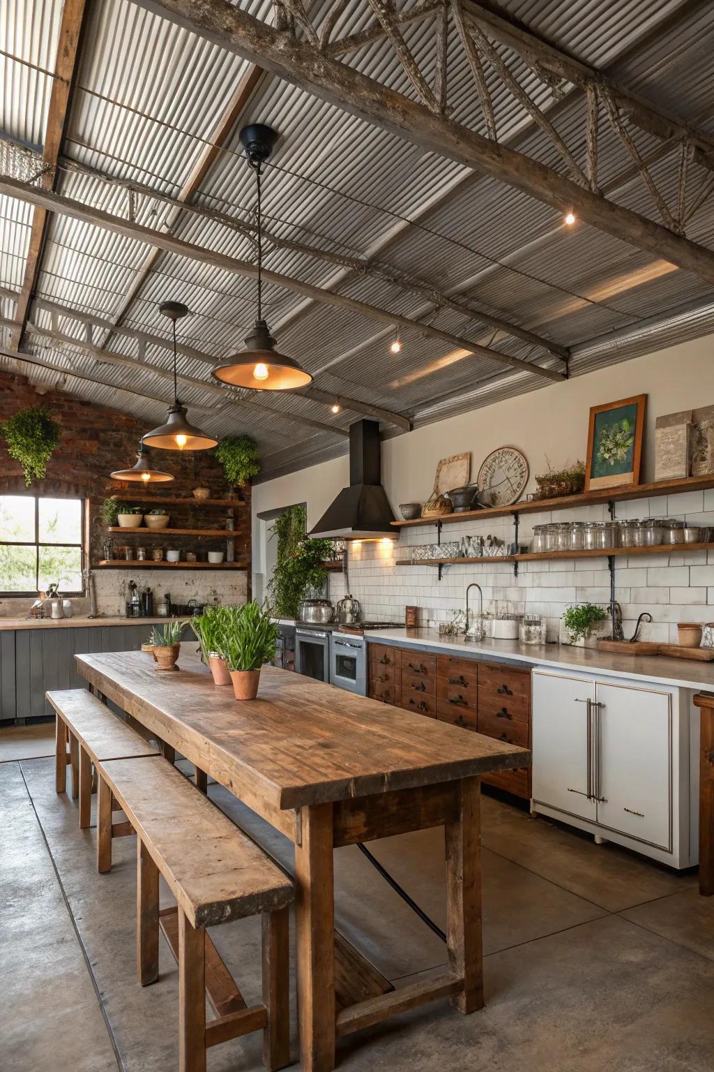 Metal accents add an unexpected twist to this farmhouse kitchen ceiling.