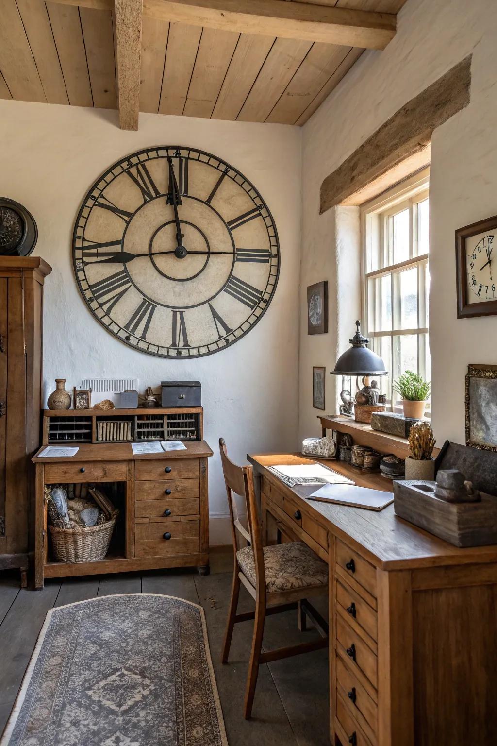 A vintage clock serves as a stylish focal point.