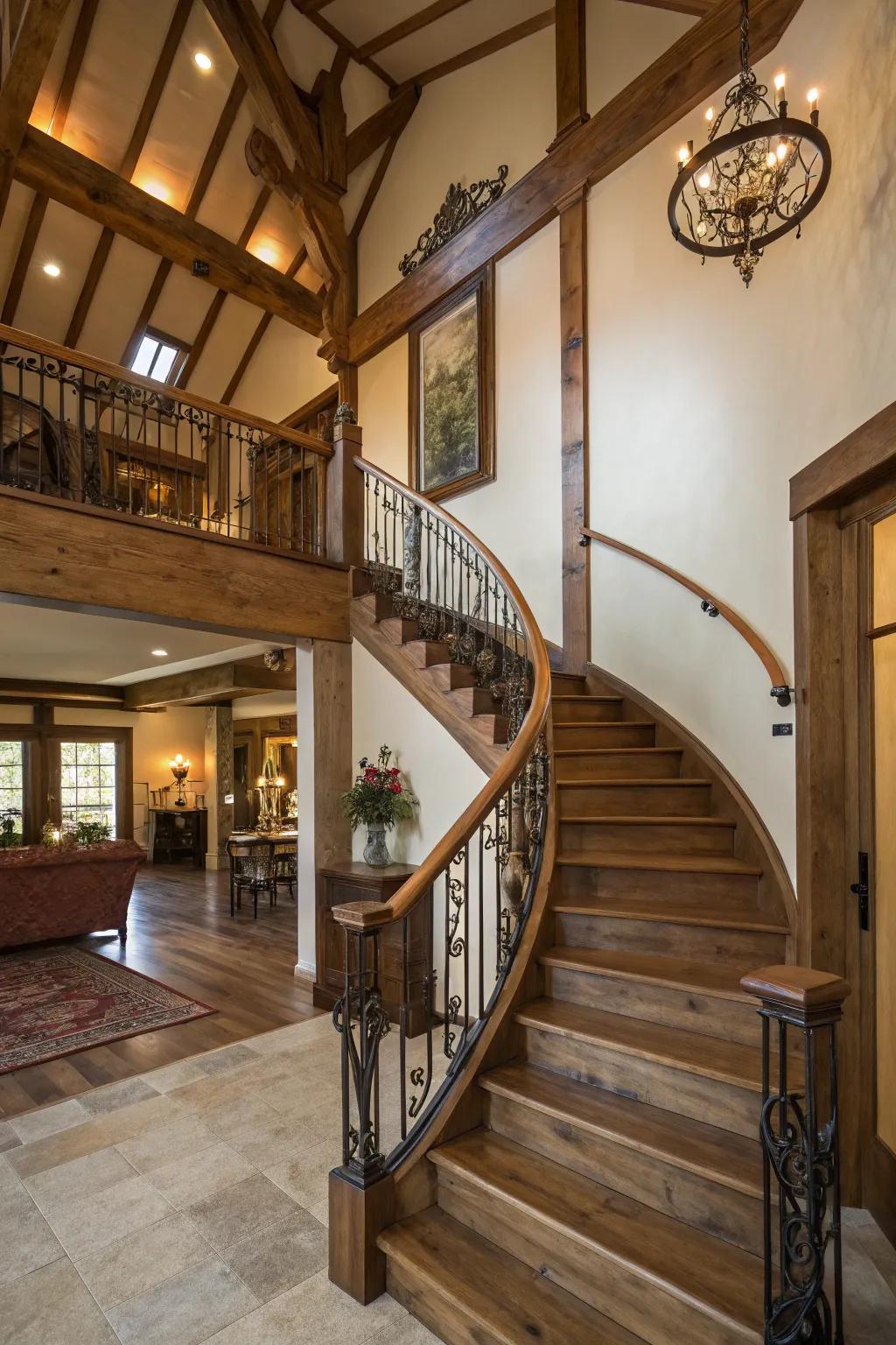 Curved railings add grace and elegance.