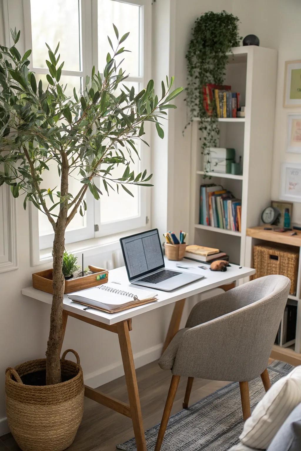 Refresh your home office with a faux olive tree.