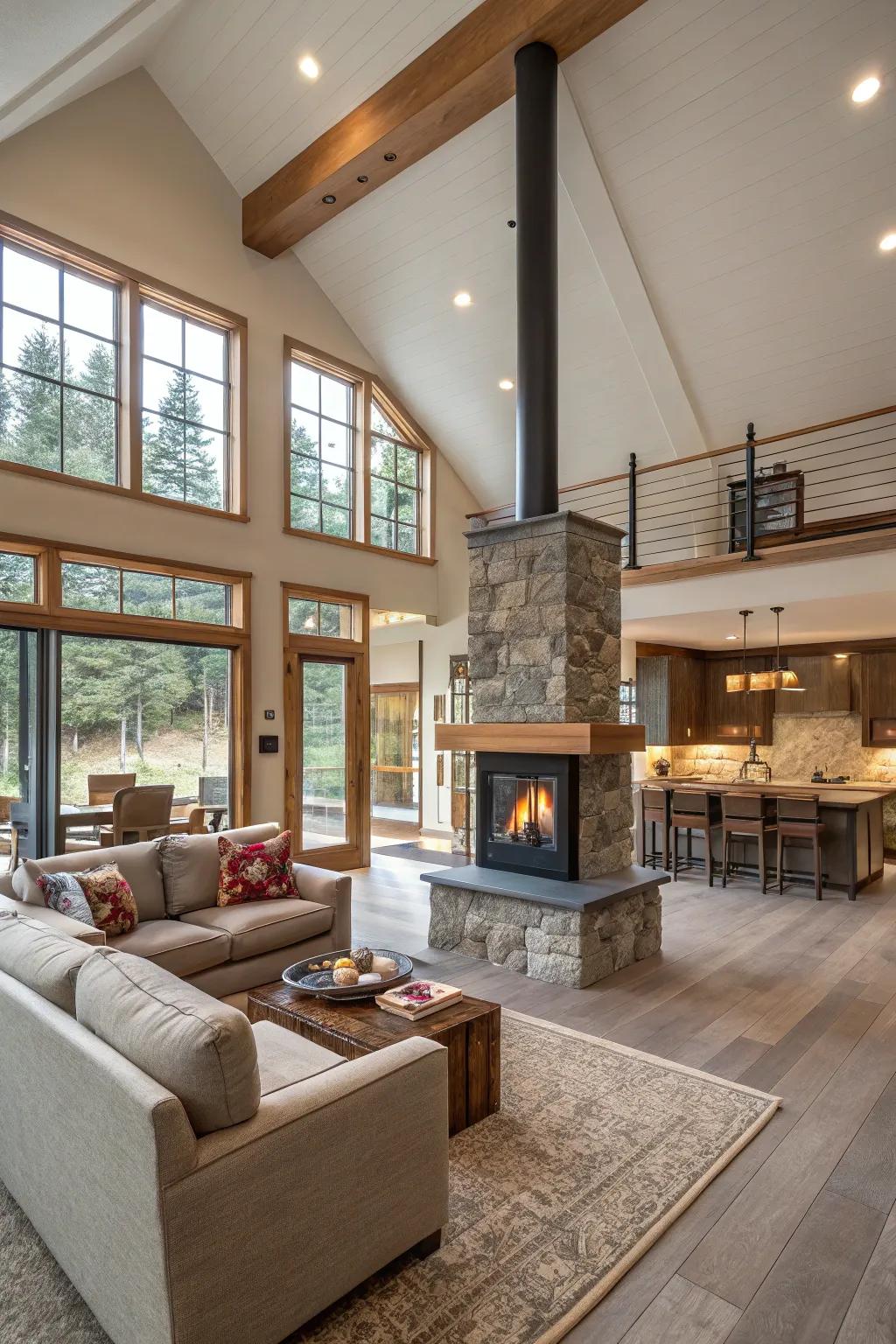 An open-plan space with a central fireplace that serves as a stylish room divider.