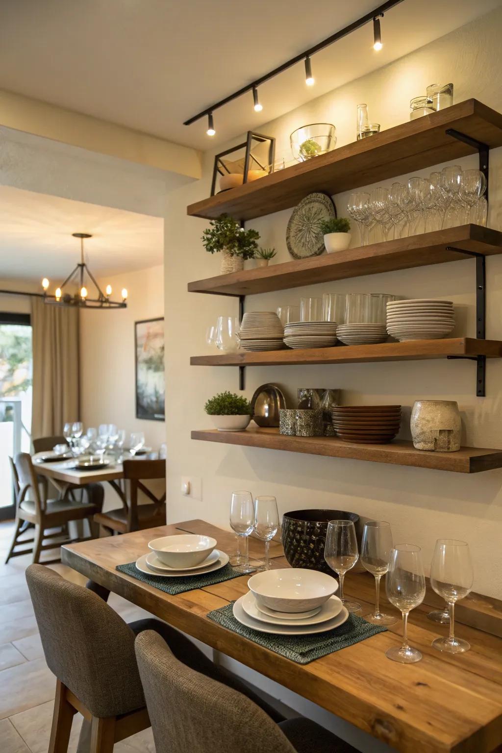 Floating shelves in the dining room for a touch of elegance.