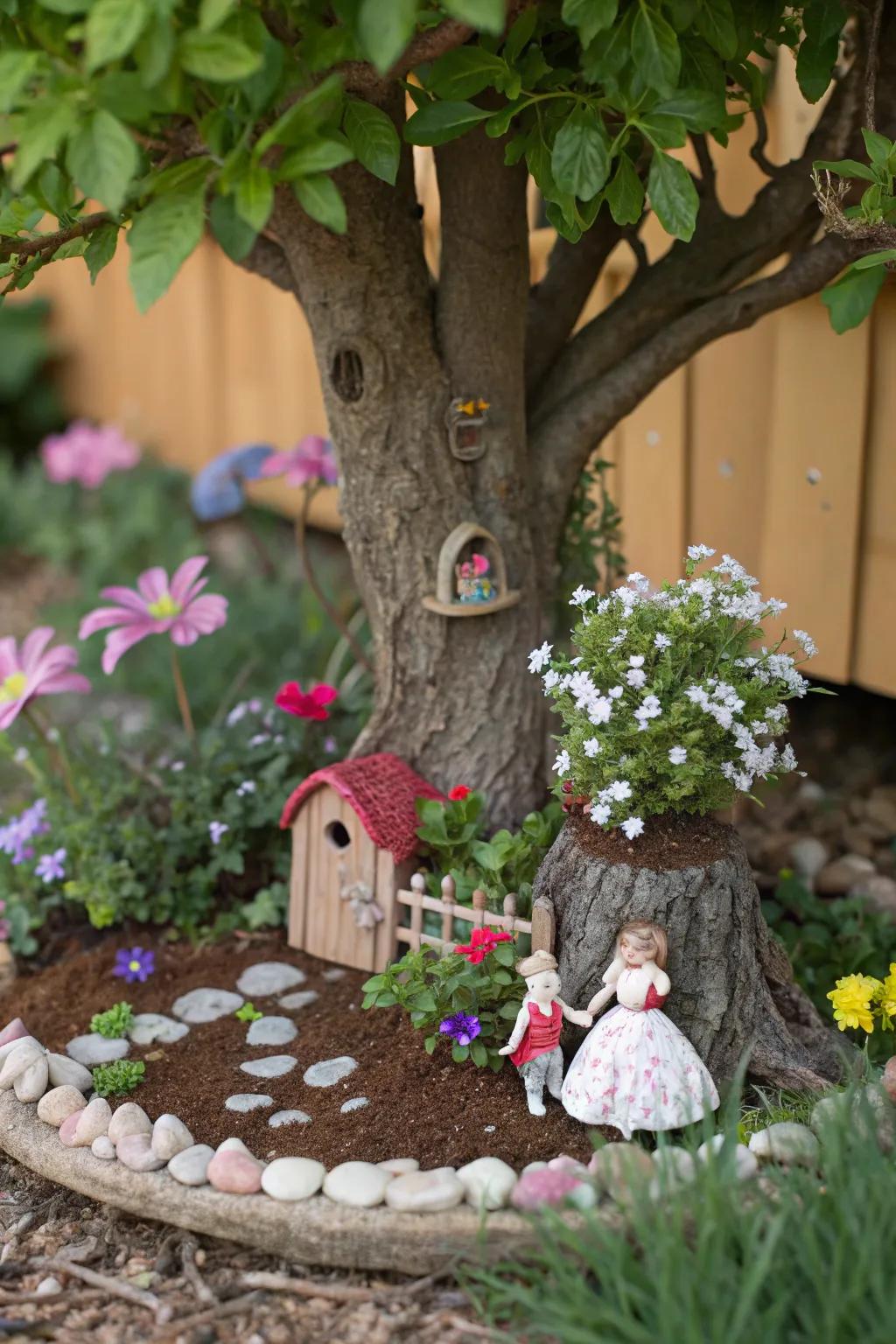 A fairy garden brings enchanting whimsy to the base of this tree.