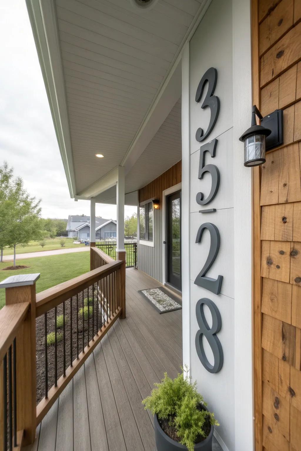 Large modern house numbers mounted on a front porch wall.