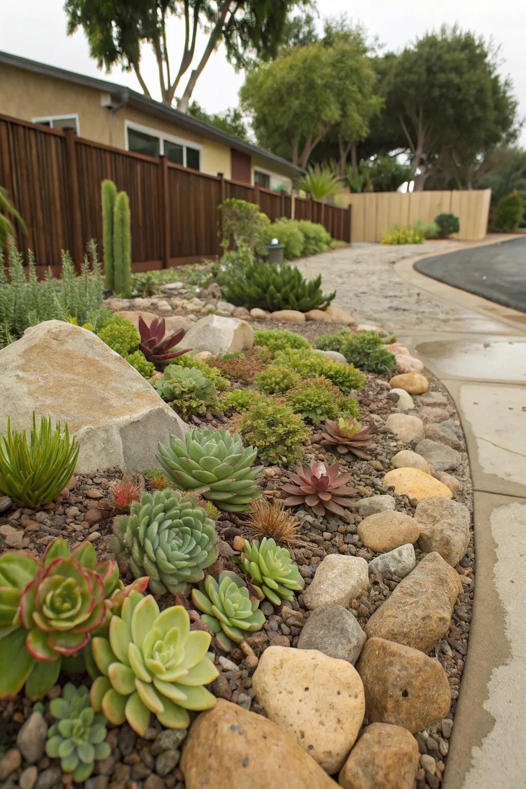 A rock garden adds texture and a unique visual element.