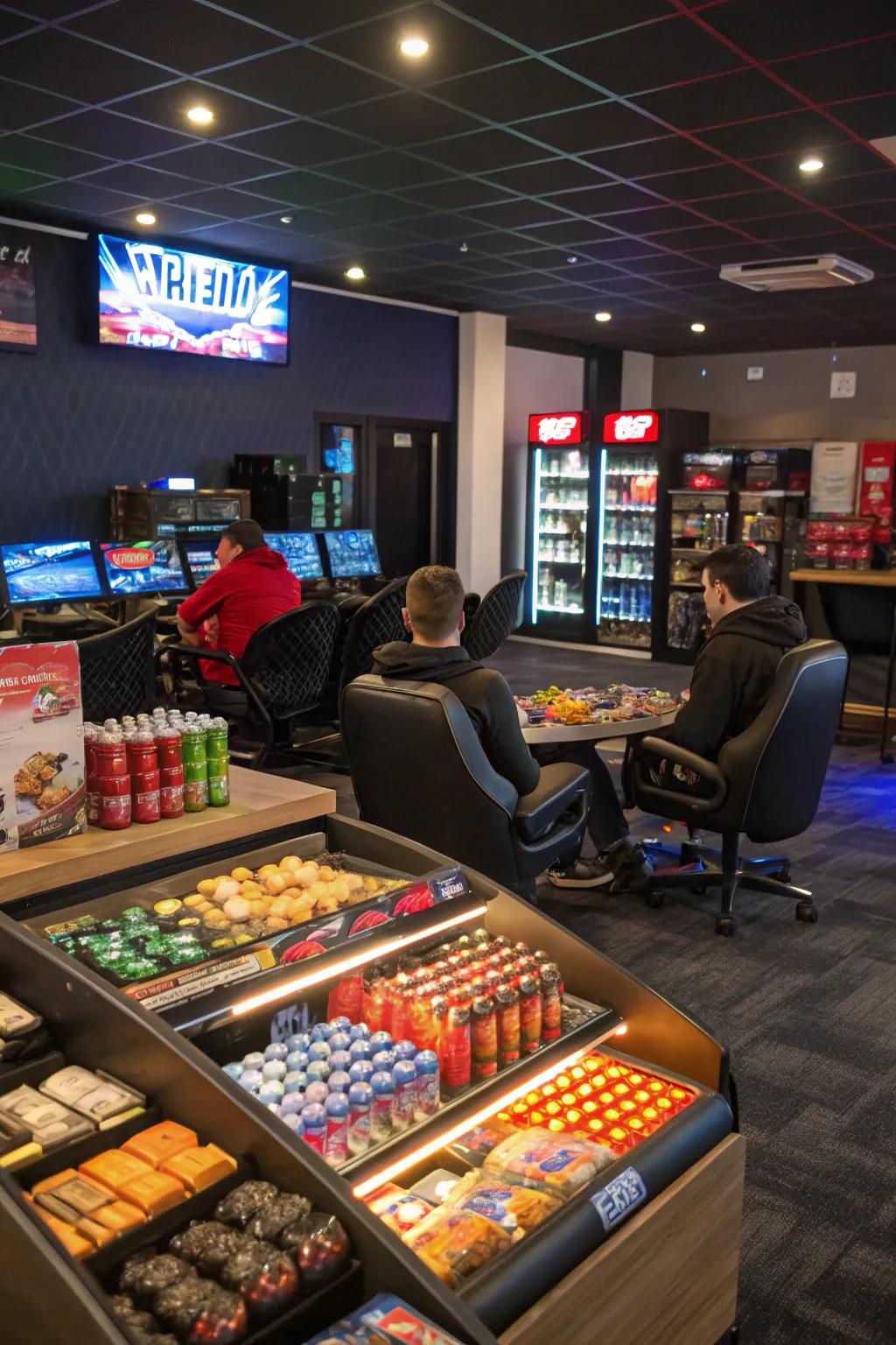 A snack bar offering convenient access to refreshments during gaming sessions.