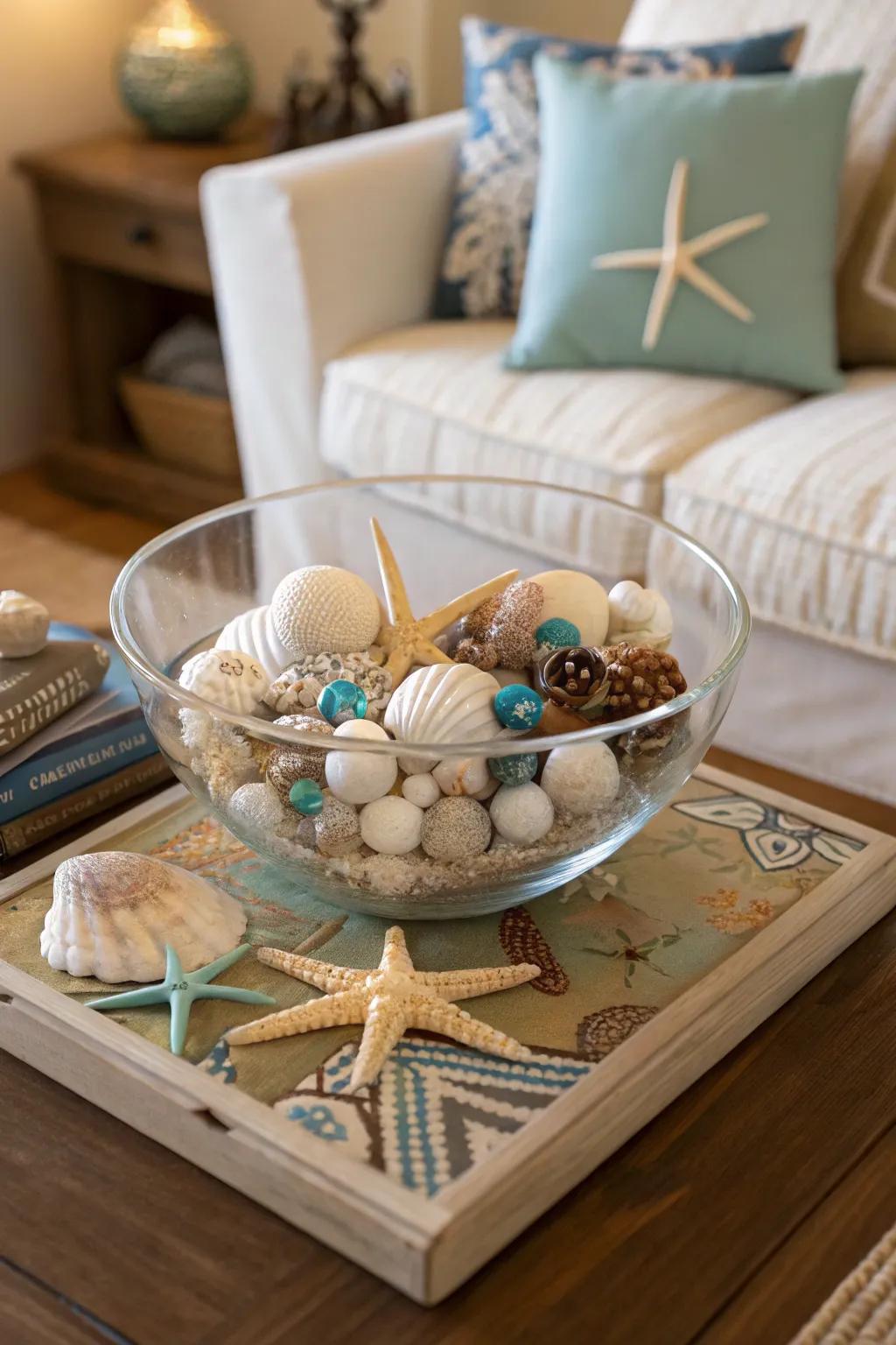A seaside Christmas is portrayed with ocean shells positioned inside a clear bowl.