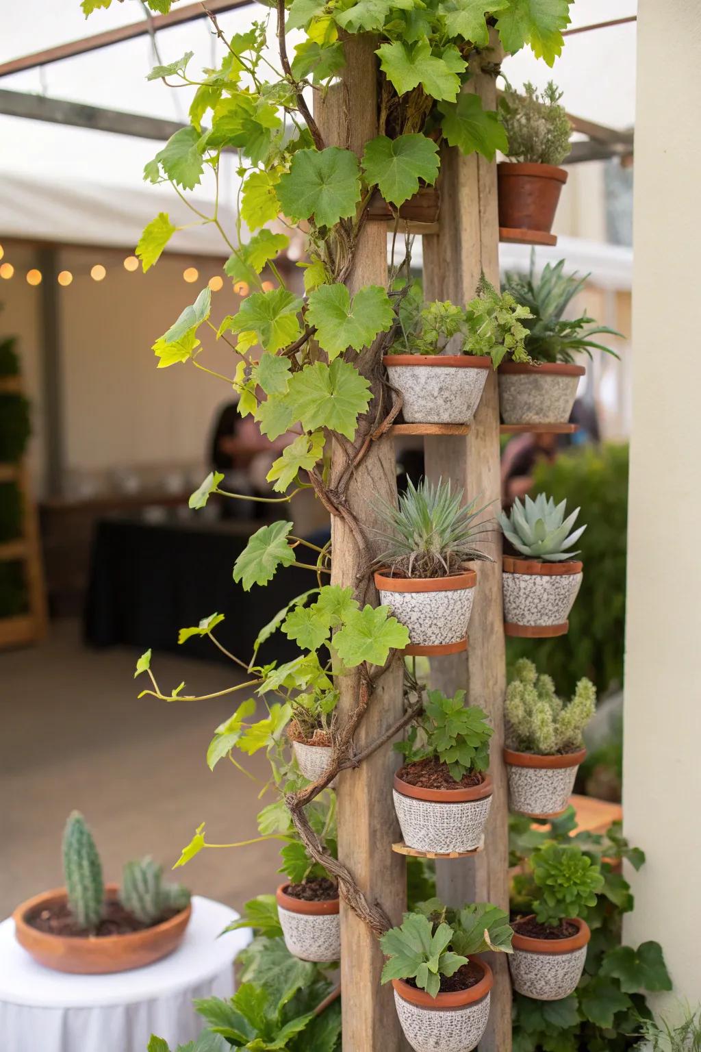 A grapevine tree manifested as a creative vertical verdant expanse within a compact personal space.