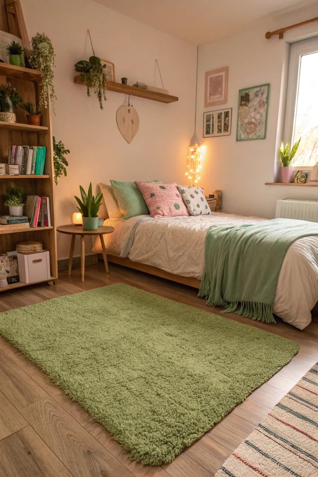 A green rug anchors the room and adds warmth.