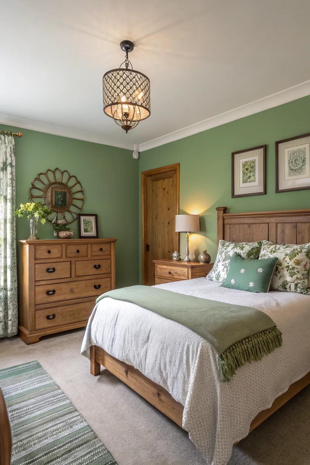 Green paint refreshes this bedroom, creating a vibrant and inviting look.