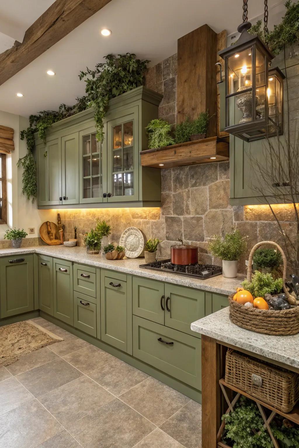 Earthy kitchen with moss green cabinets and natural materials.