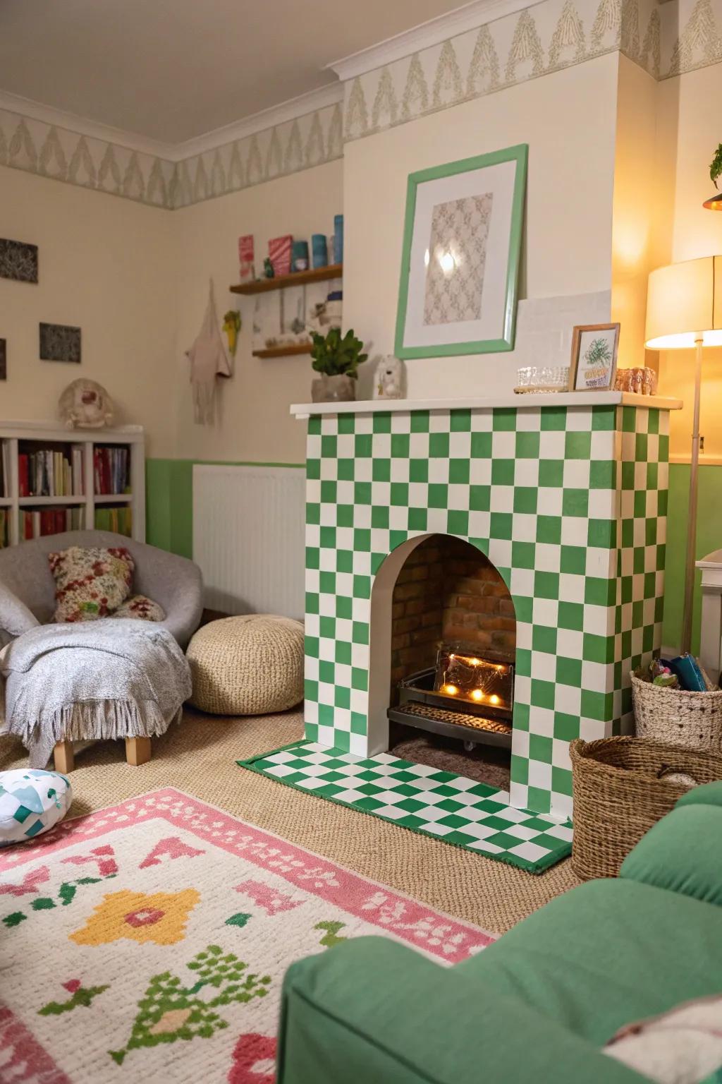 A playful living room featuring a unique green and white checkerboard fireplace.