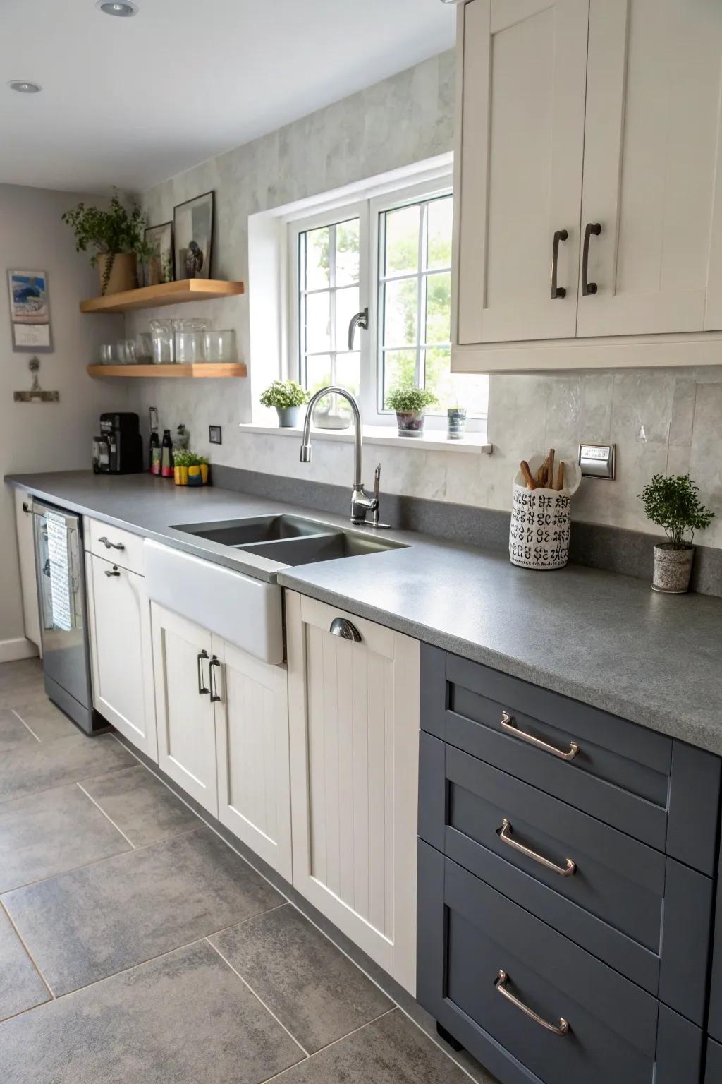 Dynamic kitchen design with grey countertops and two-tone cabinets.