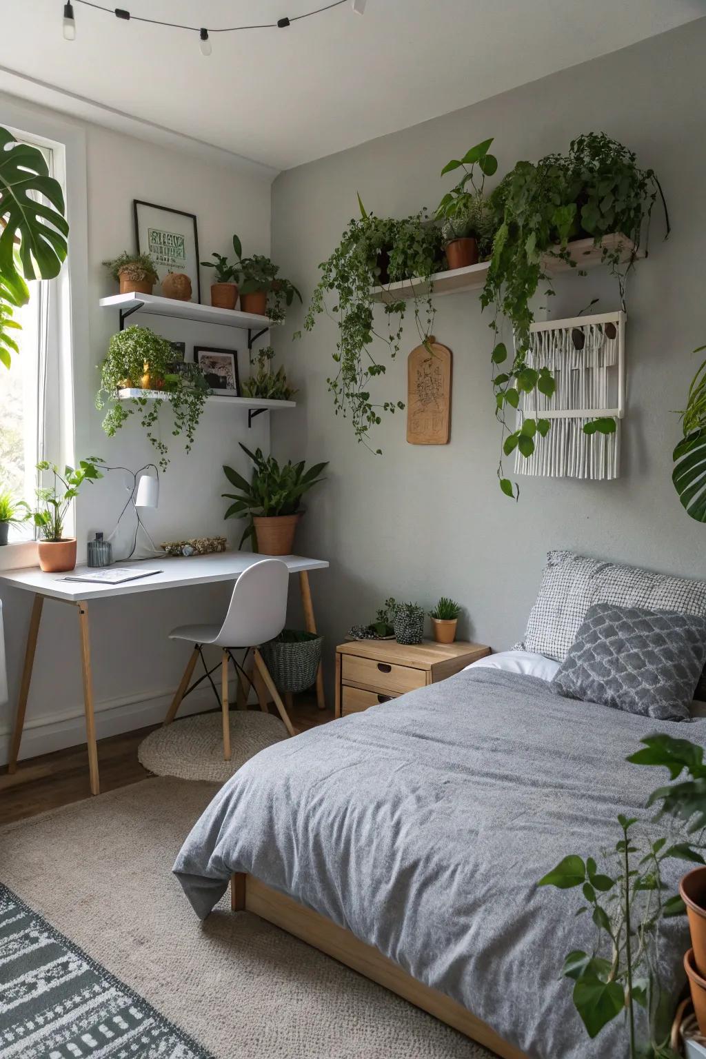 Indoor plants add life and freshness to grey interior designs.