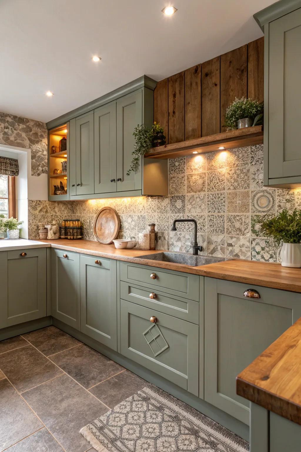 Earthy tones create a warm, inviting feel with grey-green cabinets.