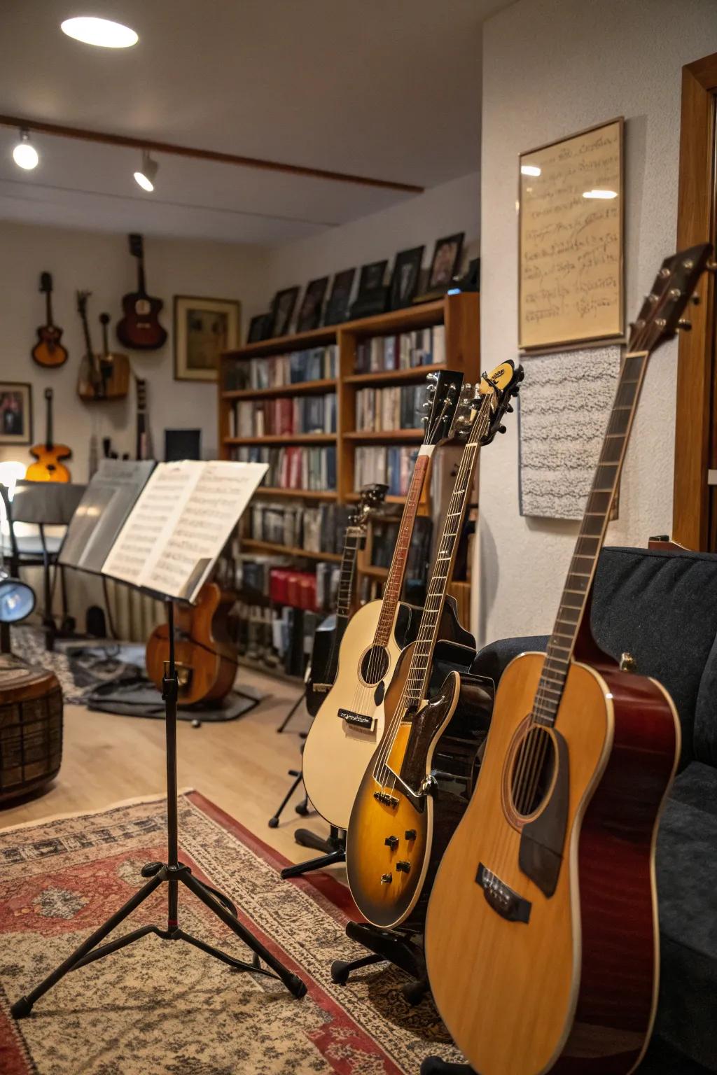 Musical instruments double as decor and personal expression.