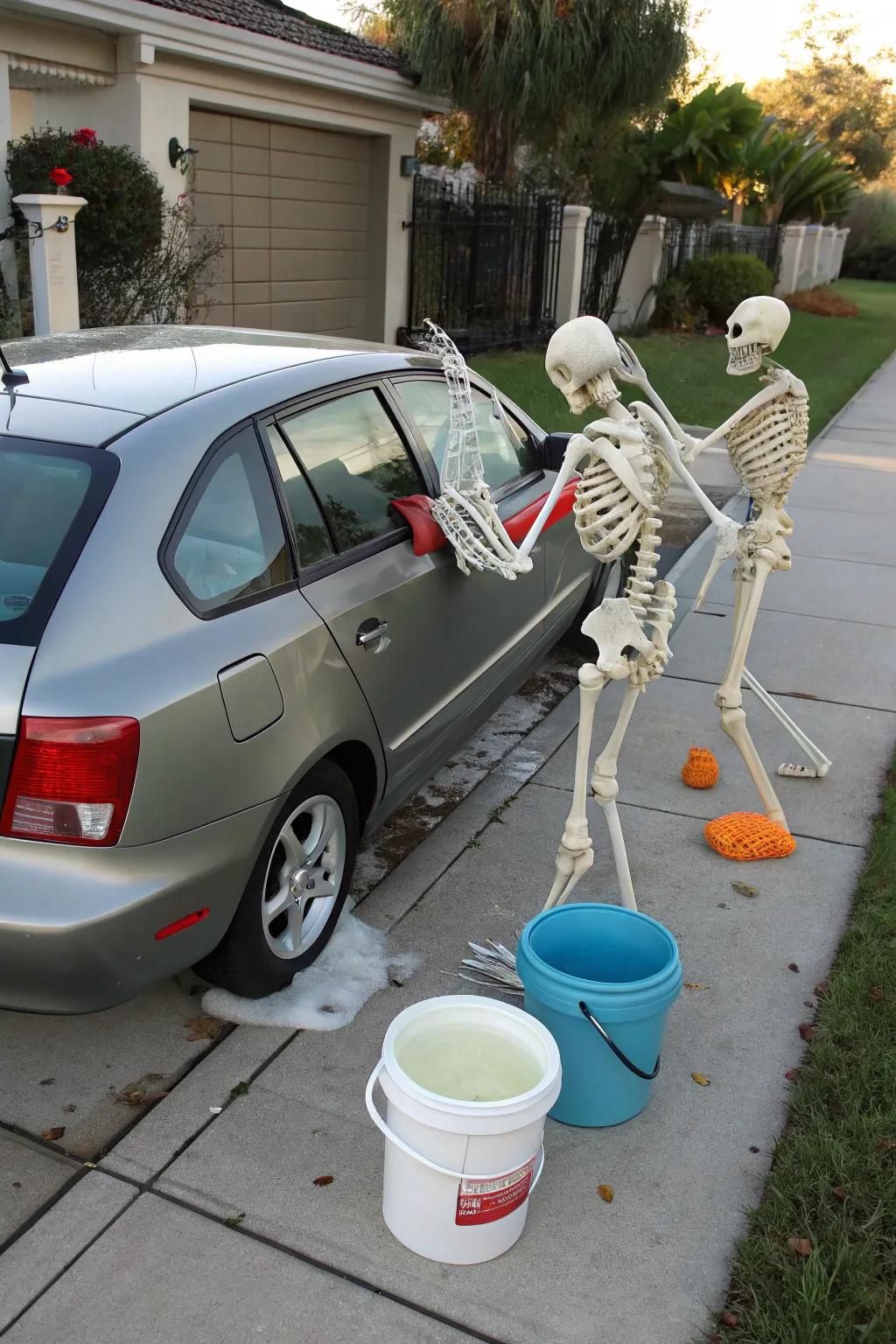 Car washing skeletons bring laughter and surprise to your Halloween setup.