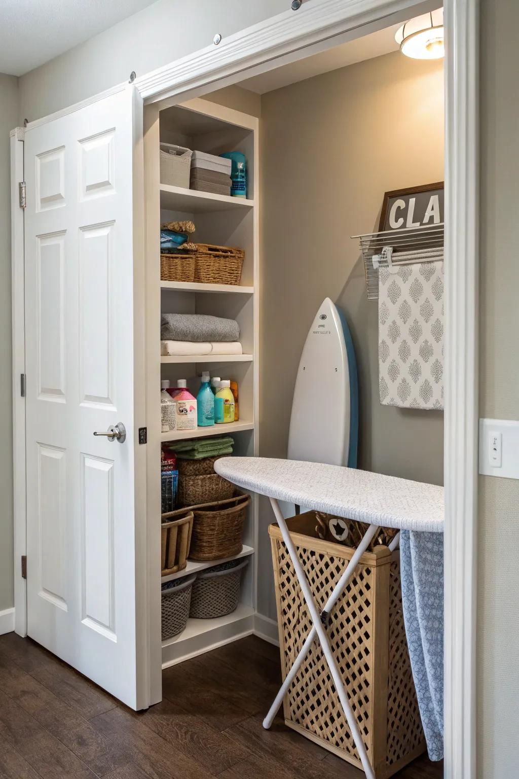 A hidden ironing board seamlessly integrates into the space.