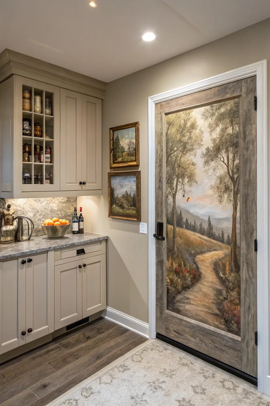 A hidden pantry cleverly disguised as art in a kitchen setting.