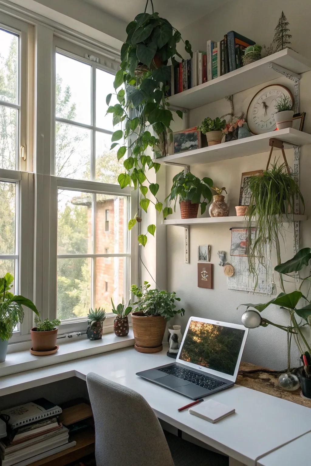 Window shelves blend light and storage seamlessly.