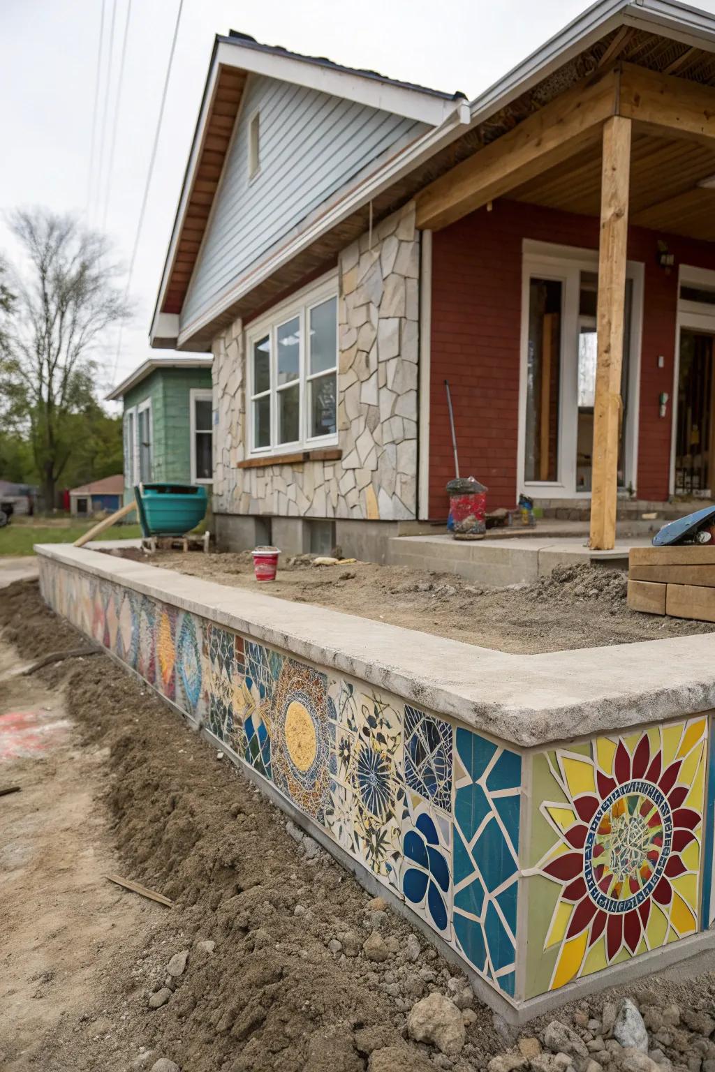 Mosaic tiles turn this foundation into a vibrant work of art.