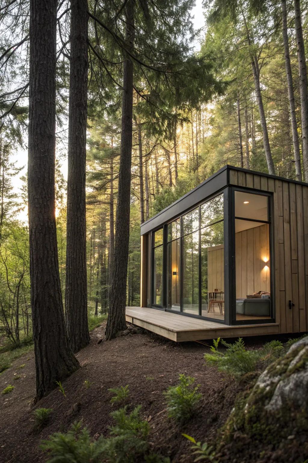 A minimalist pod providing a simple yet stylish forest retreat.