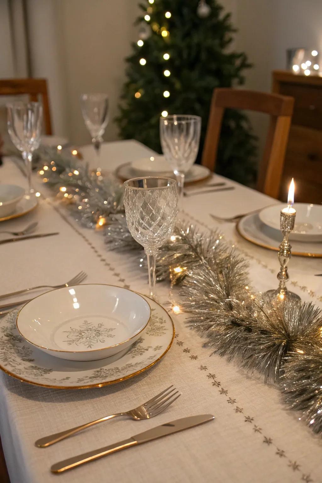 A feasting table including a shimmering glittery chain runner.