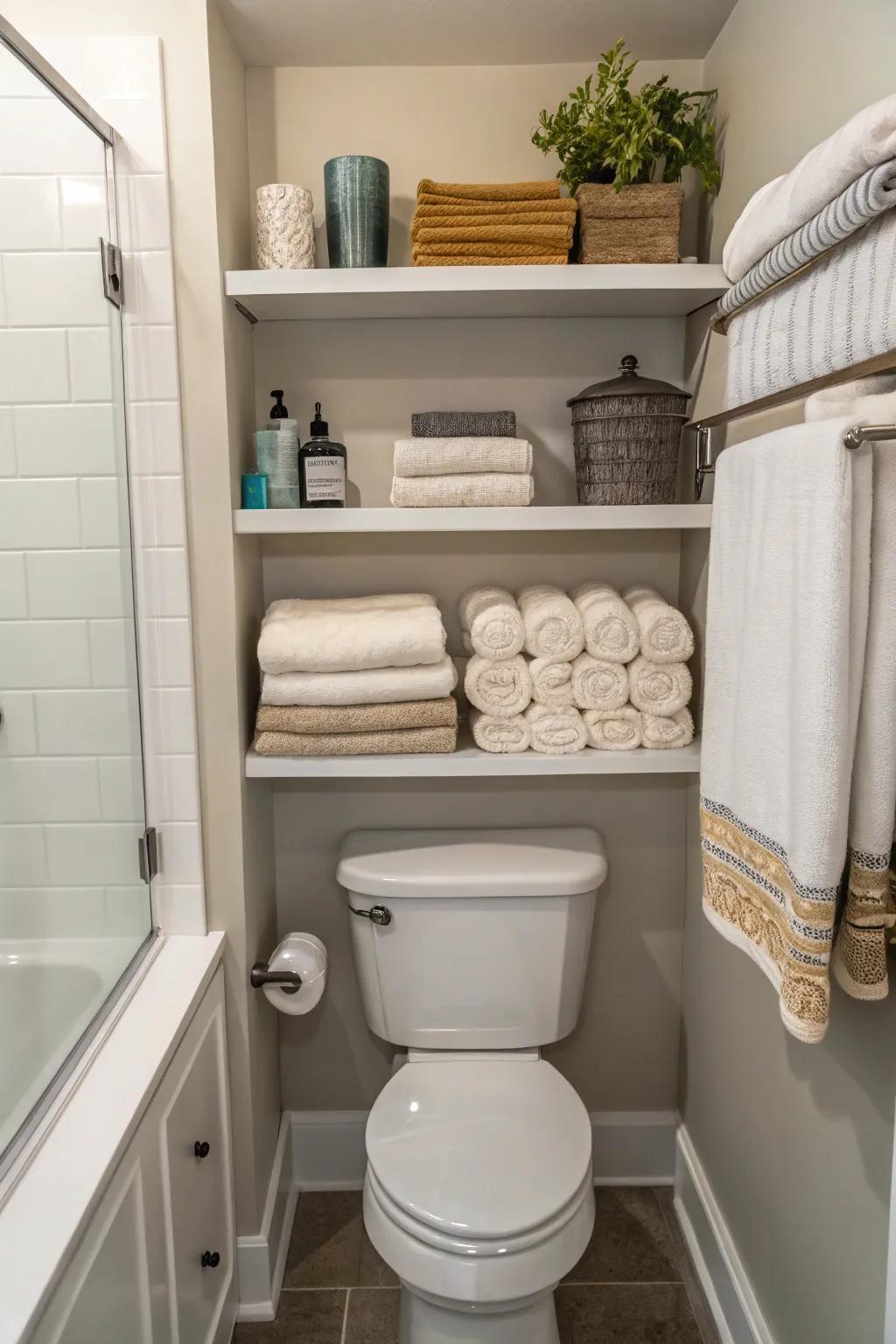 Above-the-toilet shelving efficiently uses vertical space for towels.