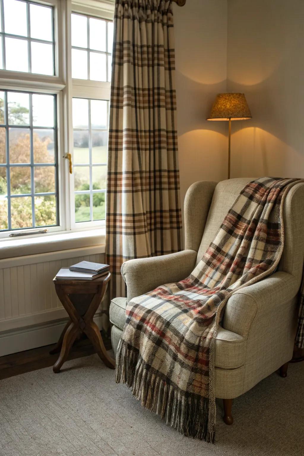 Plaid and checkered textiles add a timeless lodge-style charm.