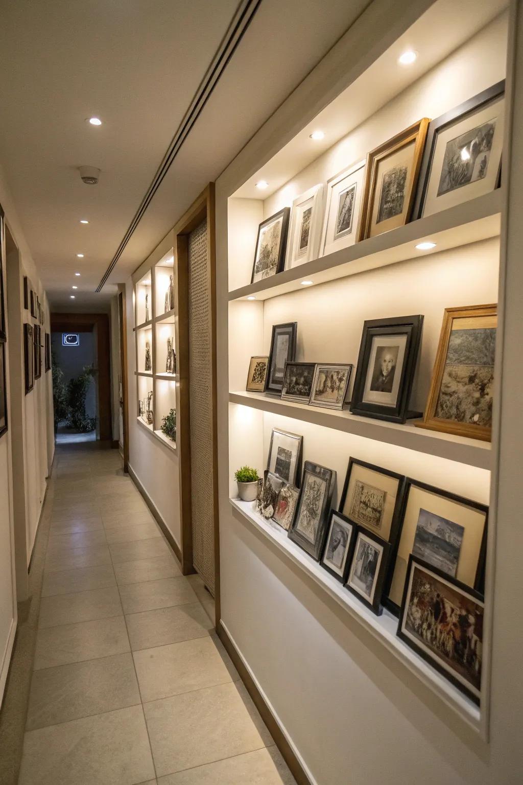 Turn your hallway into a personal gallery with art-displaying shelves.