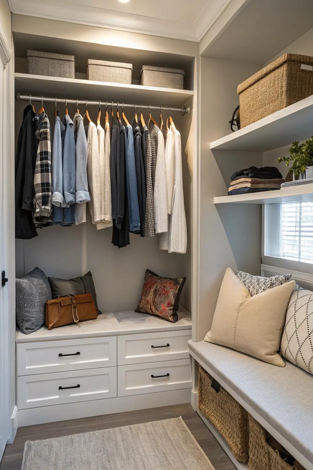 A luxurious seating area integrated into a closet design.