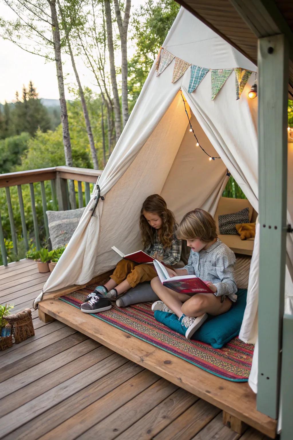 A deck with a cozy tent where children are reading books inside.