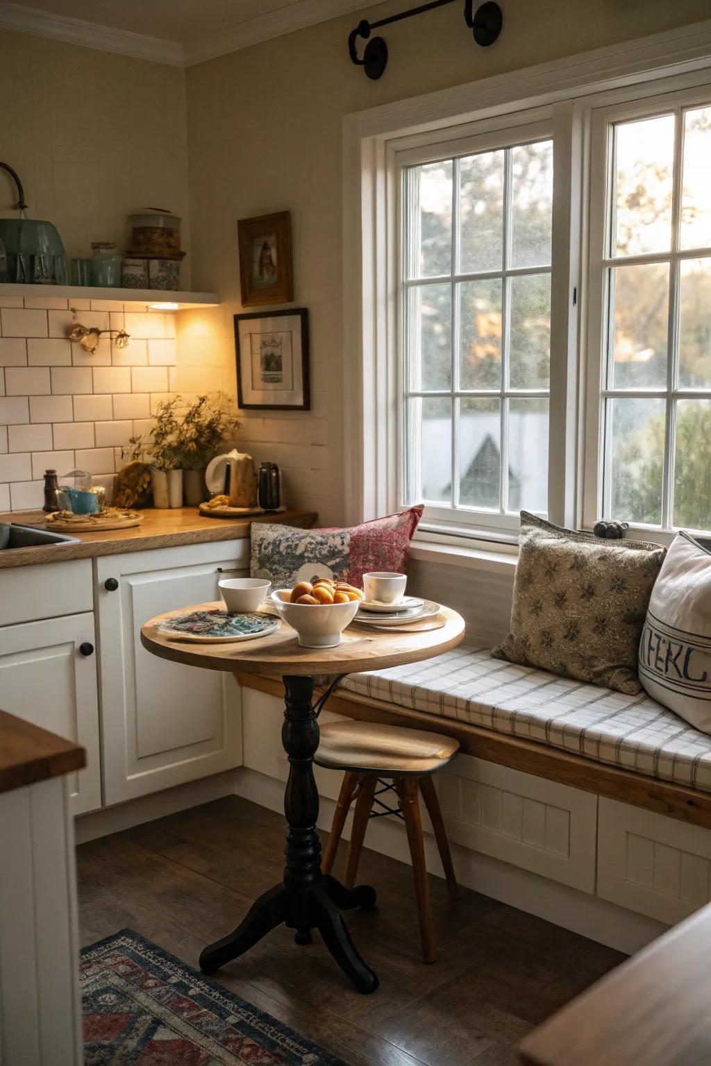 A breakfast nook offers a cozy corner for casual meals.