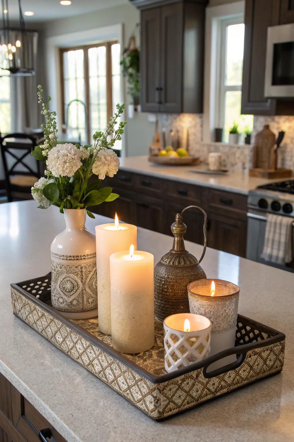 Trays aid in organizing and defining décor on the kitchen island.