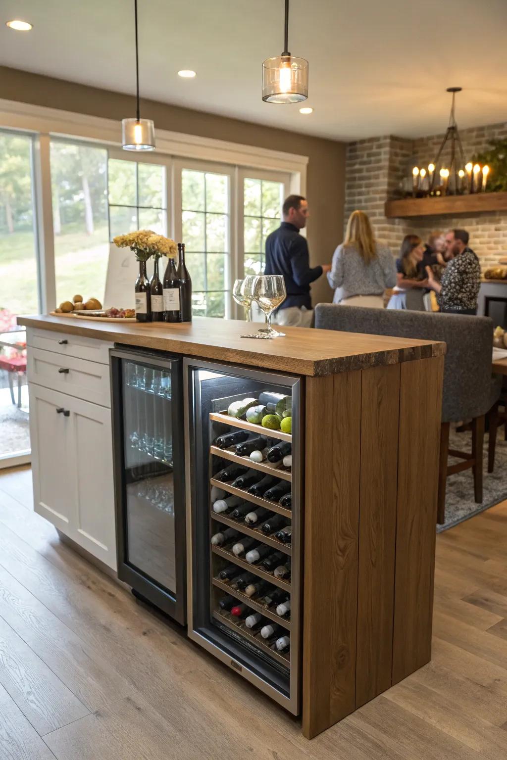 A kitchen peninsula ready for happy hour with built-in wine storage.