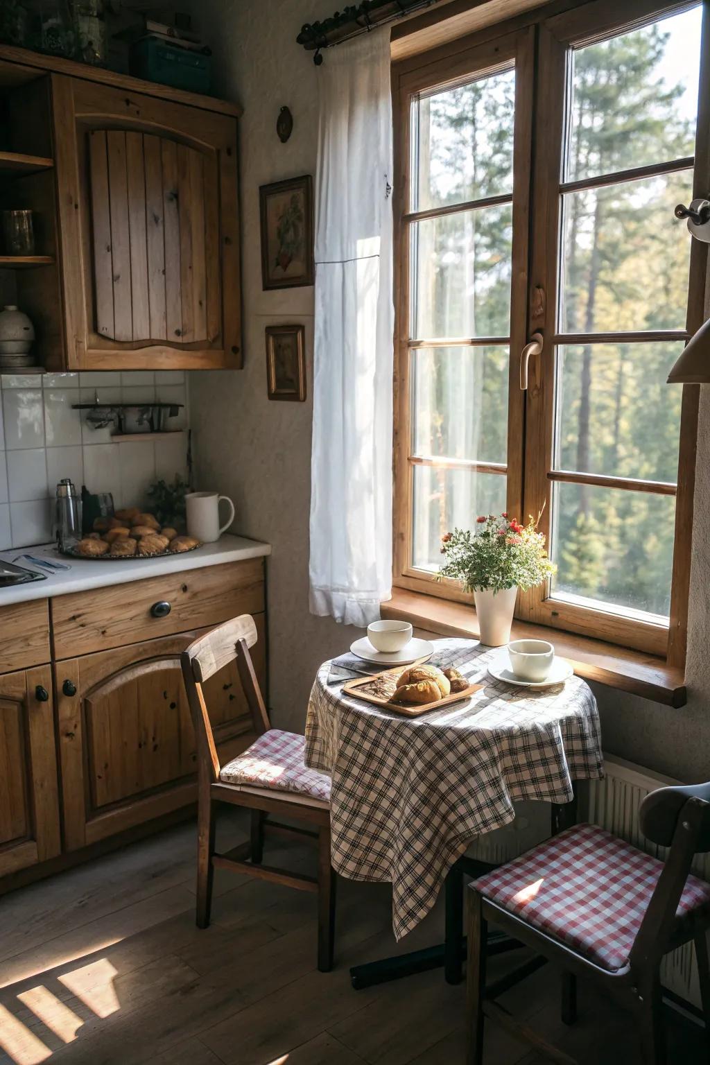 A breakfast nook provides a charming spot for casual dining.