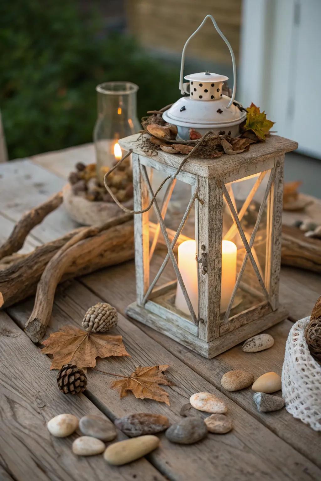 A lantern adorned with natural elements for an earthy vibe.