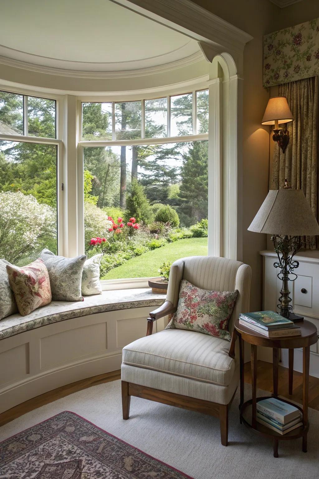 A cozy reading nook with a curved window, perfect for relaxation.