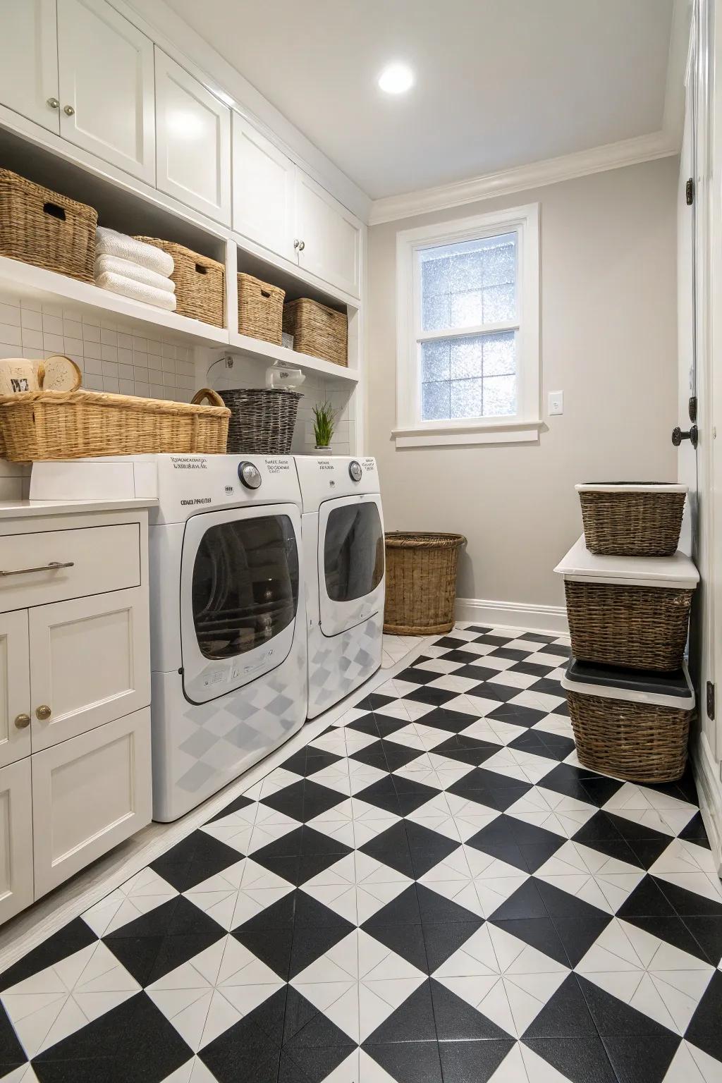 Checkerboard tiles add a timeless elegance to the laundry room.