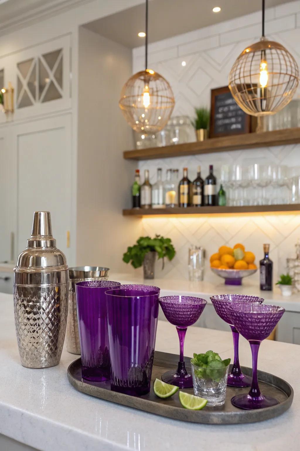 A stylish home bar boasting purple drinkware, offering a sophisticated entertaining experience.