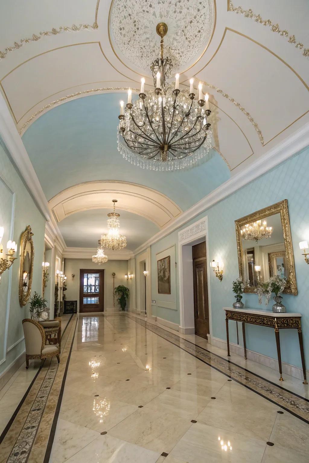 A welcoming foyer with a stylish sky-blue ceiling.