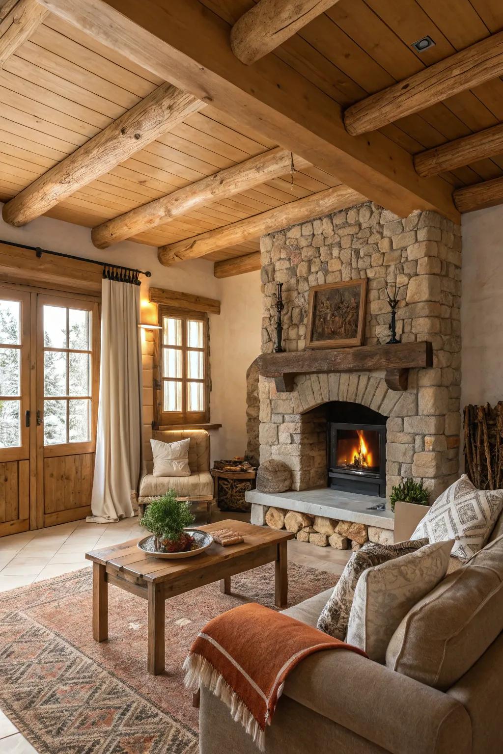 A rustic living room with a cozy fireplace and wood accents.