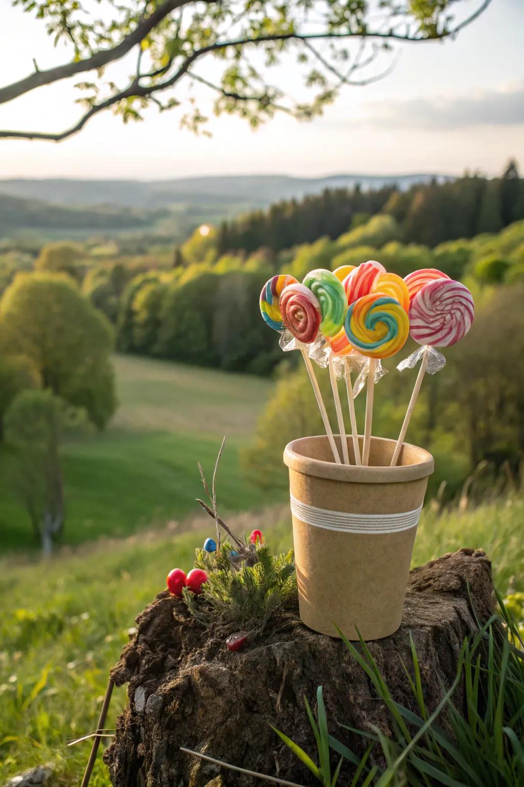 An eco-friendly lollipop bouquet in a biodegradable container