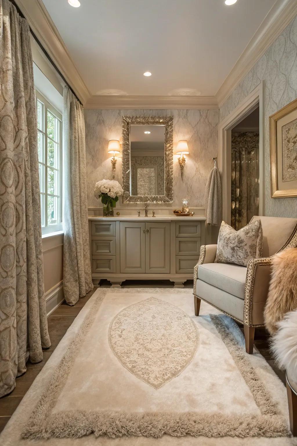 Luxurious textiles add comfort and warmth to this powder room.