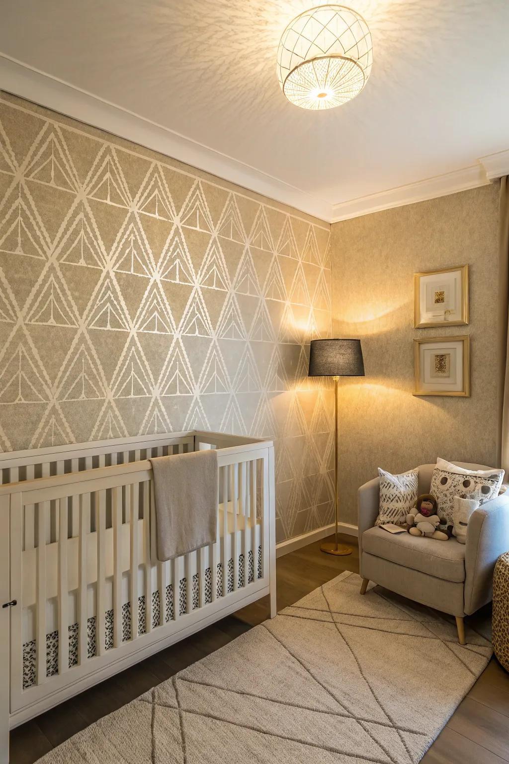 A baby room with wall decorations, using textured wallpaper and shapes.