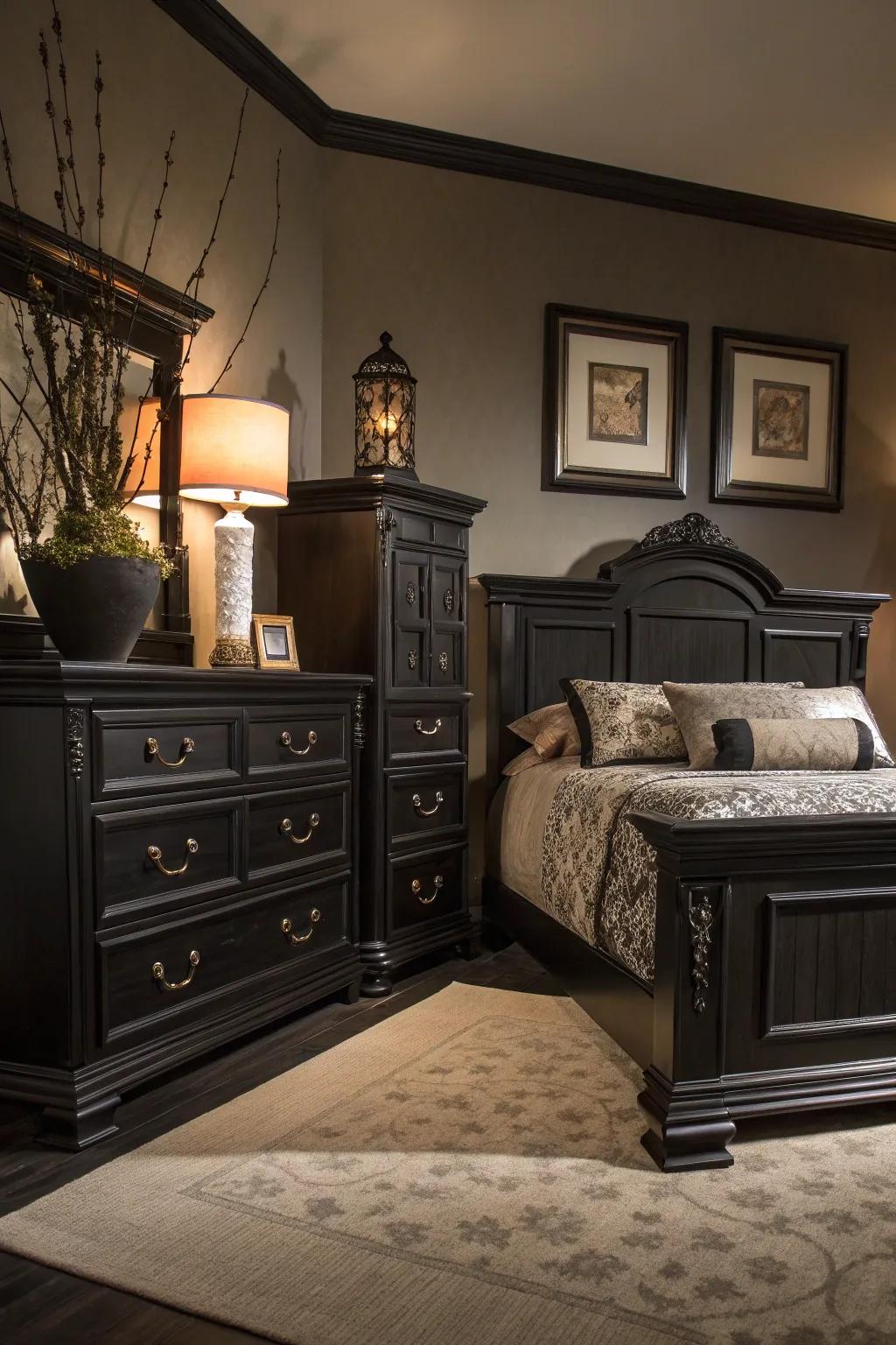 Dark wood furniture adds warmth and complements the black theme in this elegant bedroom.